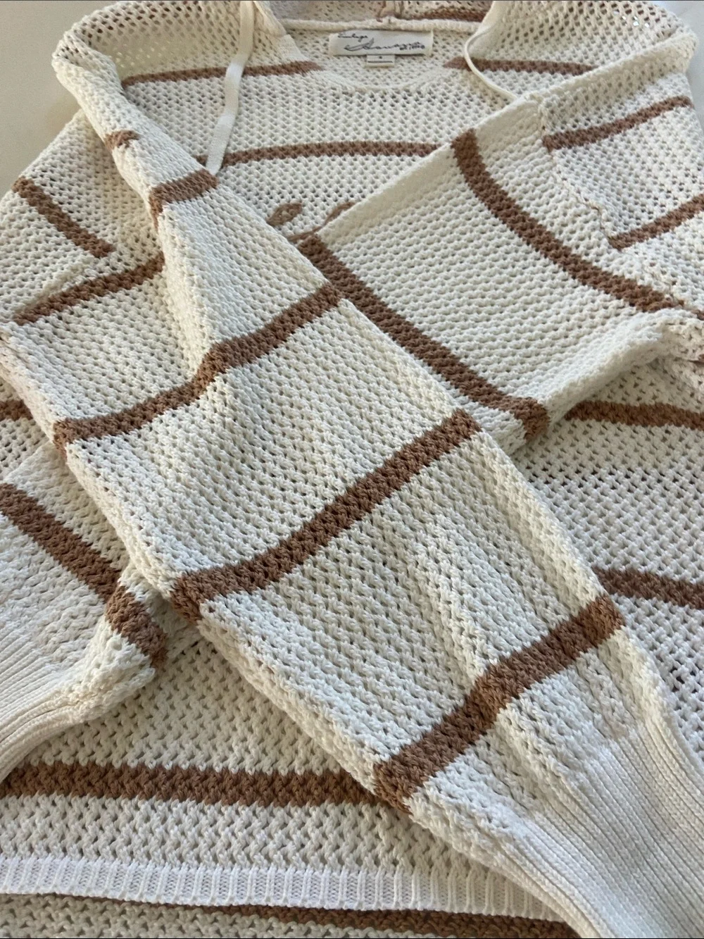 beachlunchlounge Cream & Brown Open-Knit Hoodie Sweater/ slouchy